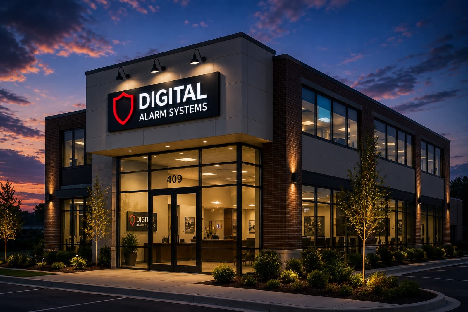 Digital Alarm Systems office at dusk