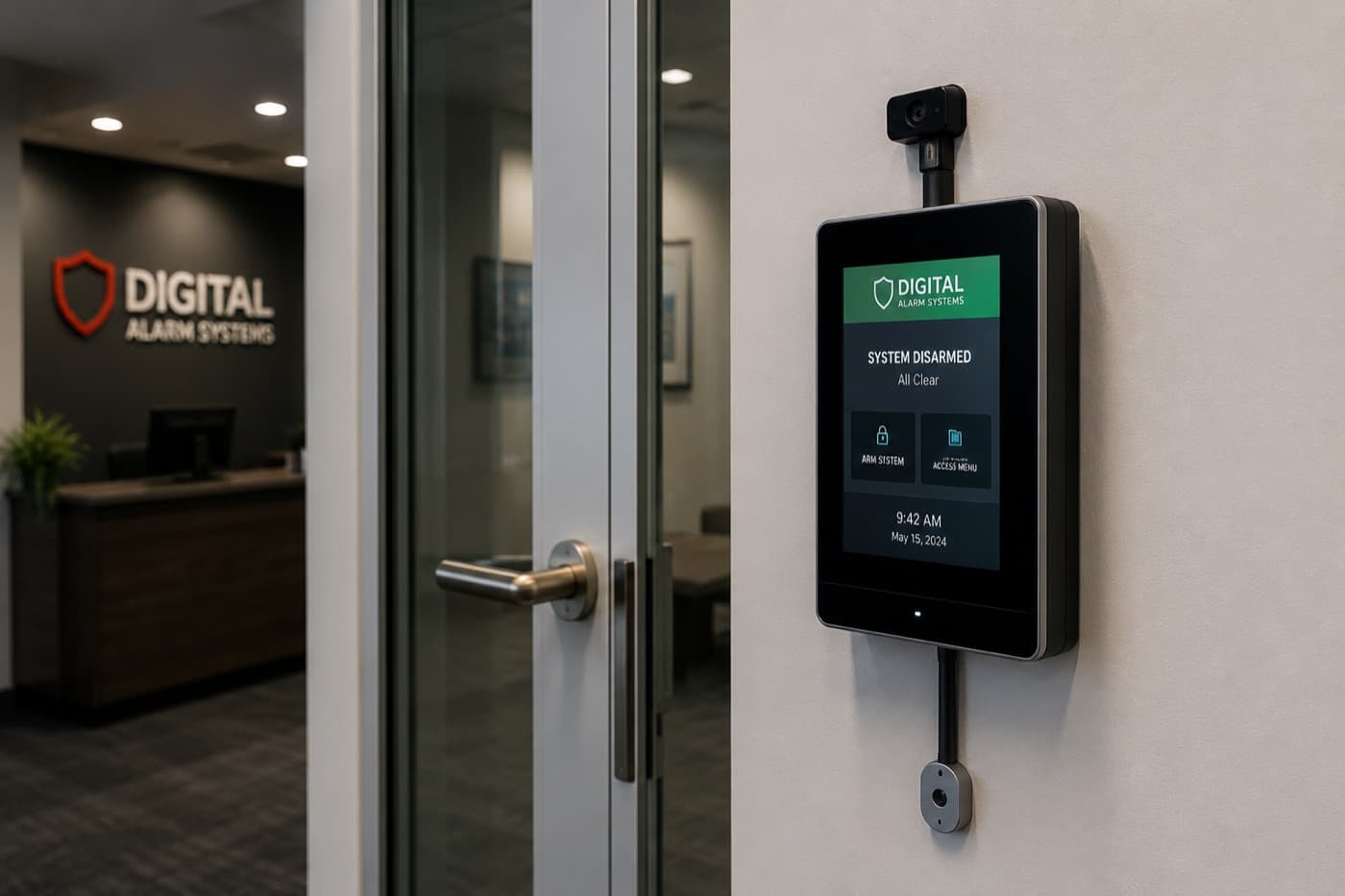 Access control keypad and camera at a commercial entry door