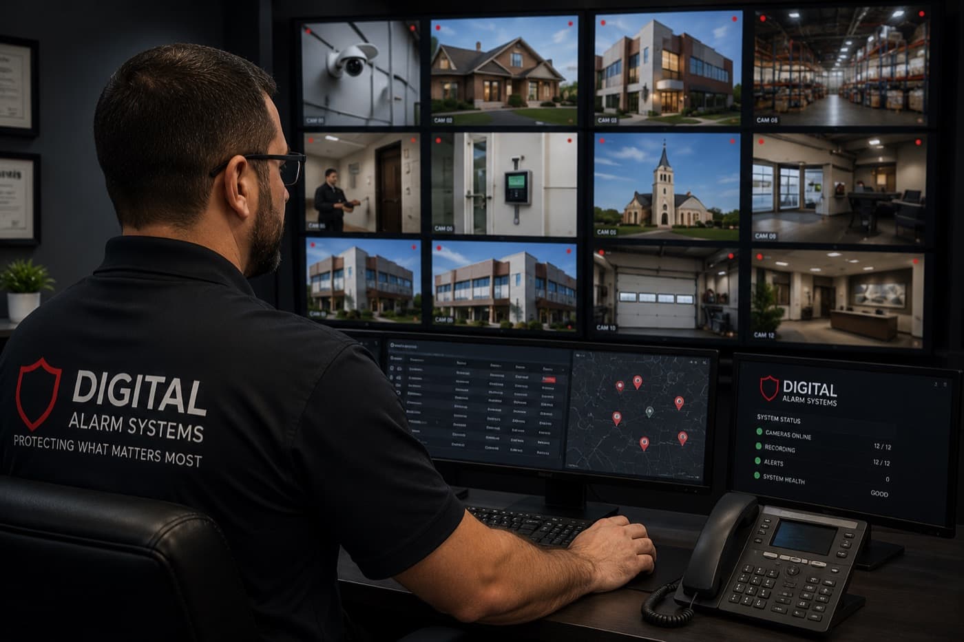 Monitoring operator watching live camera feeds from protected properties