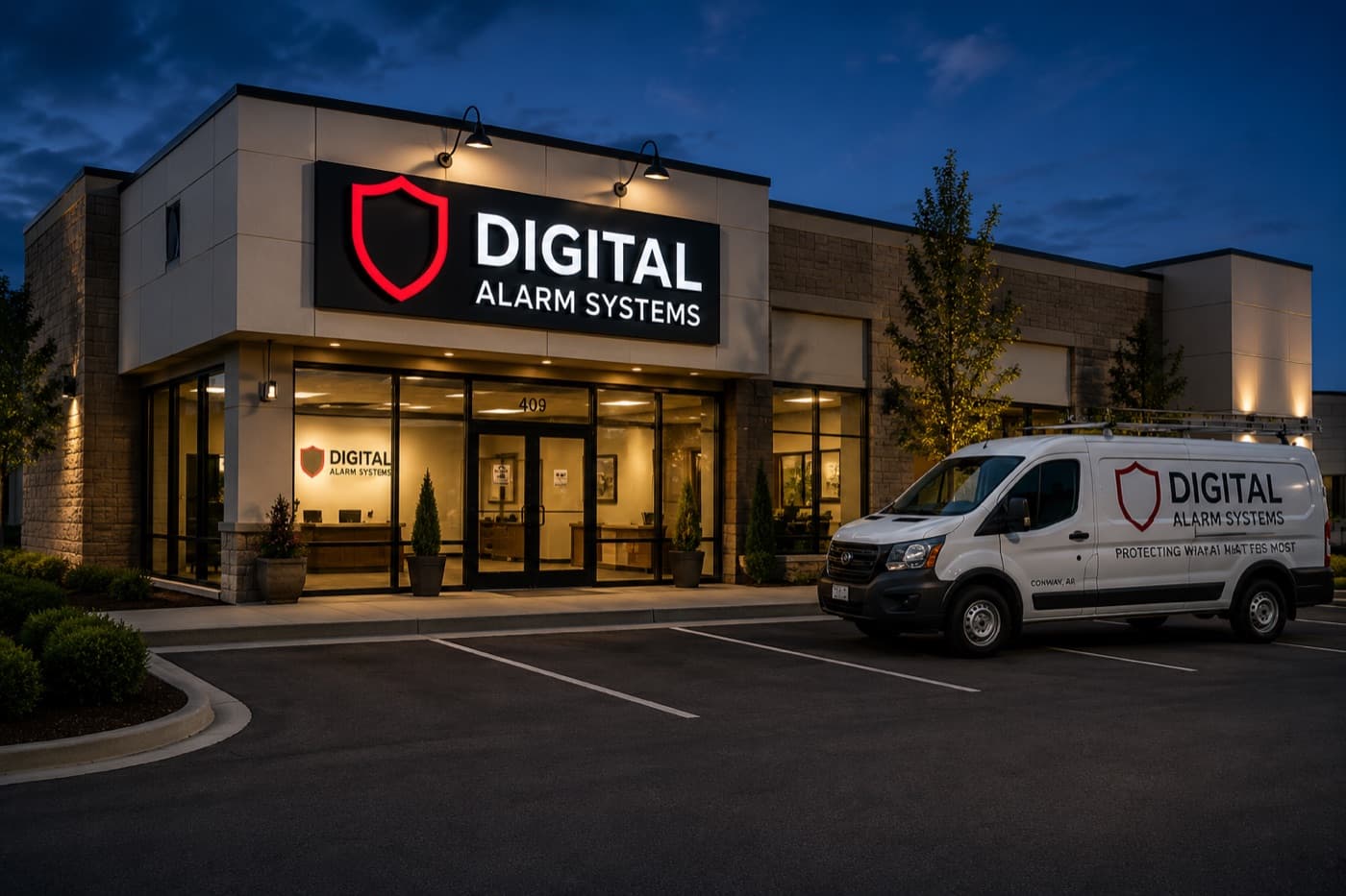 Digital Alarm Systems office with a service van parked outside