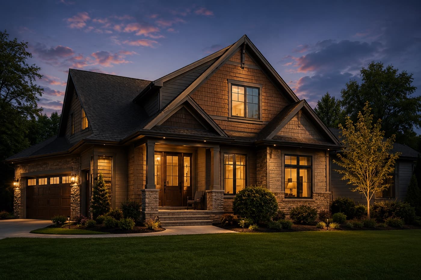 Home at dusk with exterior lighting and a monitored security system