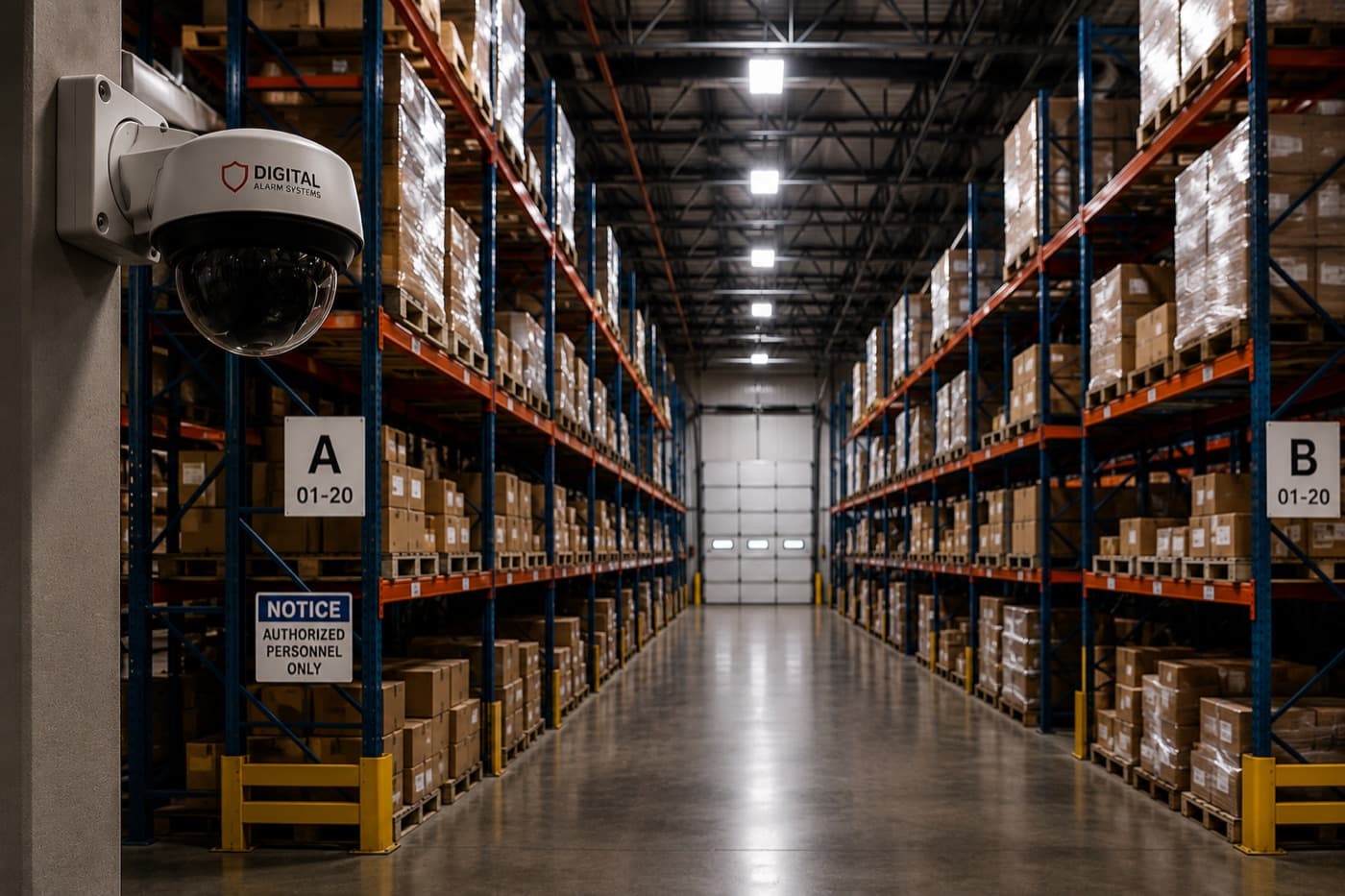 Security camera covering a warehouse aisle stacked with pallets